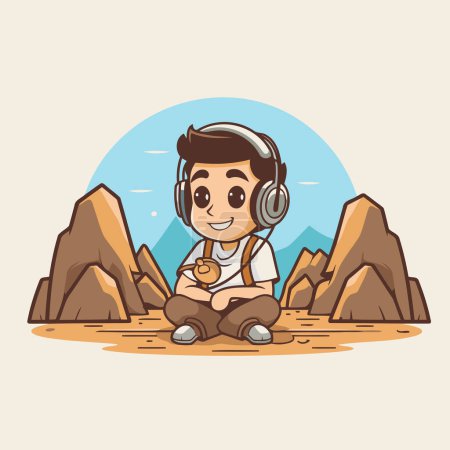 Illustration for Cute cartoon boy playing video games in the mountains. Vector illustration. - Royalty Free Image