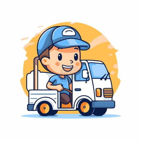 Téléchargez les illustrations : Mignon livreur de dessins animés en uniforme avec camion. Illustration vectorielle. - en licence libre de droit