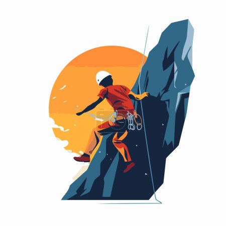 Ilustración de Hombre escalador escalando en un acantilado. Ilustración vectorial en estilo plano. - Imagen libre de derechos