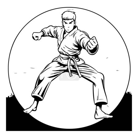 Illustration for Karate man in kimono. Black and white illustration. - Royalty Free Image