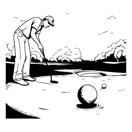 Téléchargez les illustrations : Golfeur sur le terrain de golf. Illustration vectorielle noir et blanc. - en licence libre de droit