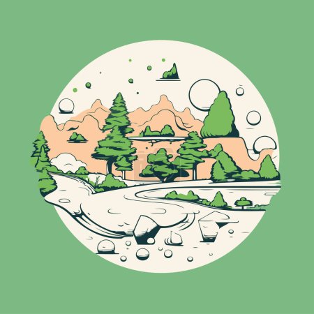 Ilustración de Paisaje de montaña con río y bosque. Ilustración vectorial en estilo plano - Imagen libre de derechos