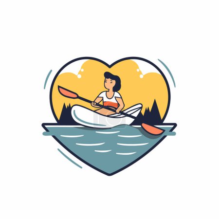 Illustration for Kayaking concept in heart shape. Vector illustration in flat style. - Royalty Free Image