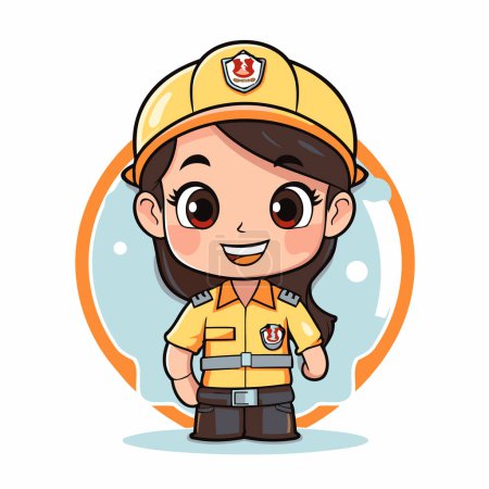 Téléchargez les illustrations : Petite fille mignonne illustration vectorielle de dessin animé pompier. Enfant pompier mignon en uniforme. - en licence libre de droit