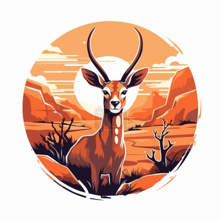 African antelope in the desert. Vector illustration in cartoon style.