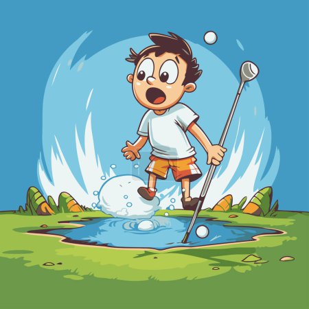 Illustration for Cartoon boy playing golf. Vector illustration of a boy playing golf. - Royalty Free Image