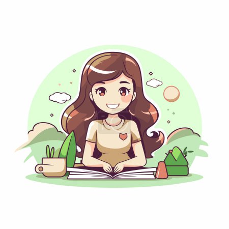 Téléchargez les illustrations : Une fille lisant un livre dans le parc. Illustration vectorielle dessin animé mignon. - en licence libre de droit