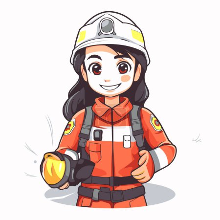 Illustration for Firefighter girl in uniform and helmet. Vector illustration on white background. - Royalty Free Image