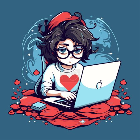 Téléchargez les illustrations : Illustration vectorielle d'une fille avec un ordinateur portable en forme de cœur - en licence libre de droit