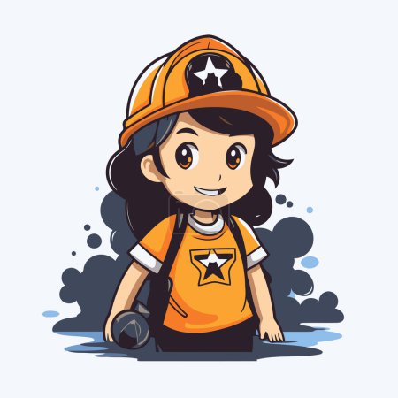 Illustration for Cartoon firefighter girl with helmet and uniform. Cute vector illustration. - Royalty Free Image