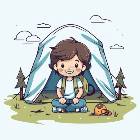 Illustration for Cute little boy sitting near his tent in the camp vector illustration design - Royalty Free Image