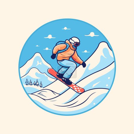 Téléchargez les illustrations : Snowboarder sur la pente. Illustration vectorielle dans le style dessin animé. - en licence libre de droit