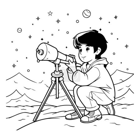 Illustration for Boy looking through a telescope. black and white vector illustration. coloring page - Royalty Free Image