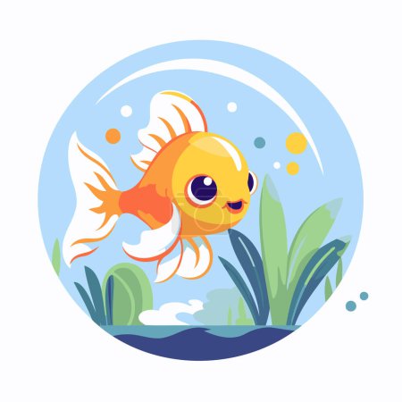 Ilustración de Bonito pez dorado de dibujos animados en el agua. Ilustración plana del vector. - Imagen libre de derechos
