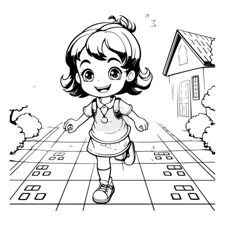 Téléchargez les illustrations : Illustration de bande dessinée en noir et blanc de la petite fille courant à la maison pour le livre à colorier - en licence libre de droit