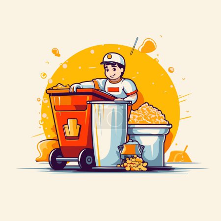 Ilustración de Ilustración vectorial de un trabajador tirando basura en un bote de basura. Servicio de limpieza concepto. - Imagen libre de derechos