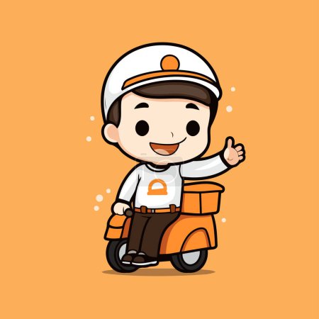 Ilustración de Cute Cartoon Delivery Boy en Scooter. Ilustración vectorial. - Imagen libre de derechos