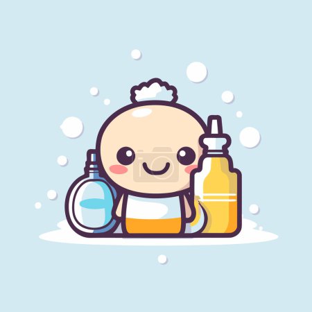 Illustration for Cute cartoon baby bath character with soap and shampoo. Vector illustration. - Royalty Free Image