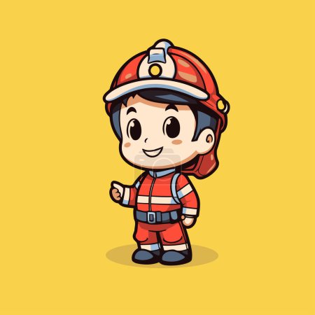 Ilustración de Lindo bombero chico con casco y uniforme. Dibujos animados vector ilustración. - Imagen libre de derechos