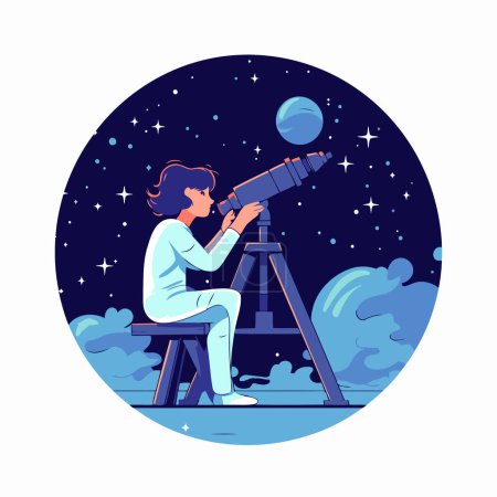 Illustration for Astronaut looking through telescope. Vector illustration in flat cartoon style - Royalty Free Image