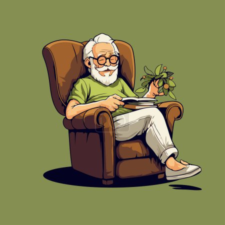 Abuelo sentado en sillón y leyendo un libro. Ilustración vectorial.