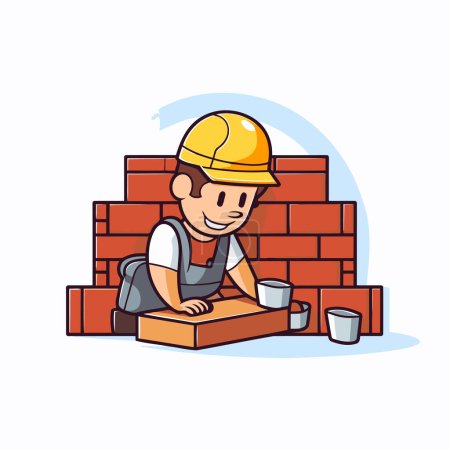 Ilustración de Trabajador construyendo una pared de ladrillo. Ilustración vectorial en estilo de dibujos animados. - Imagen libre de derechos