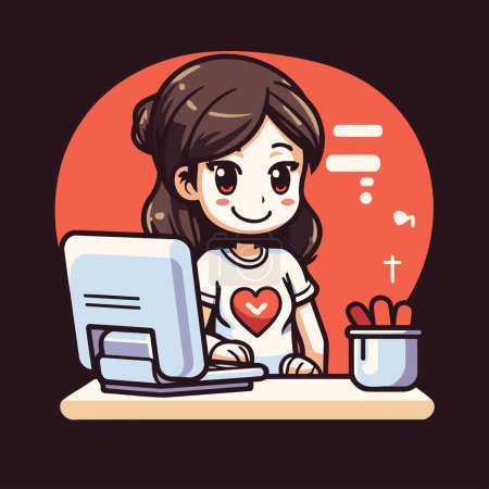 Illustration for Cute girl working at the computer. Vector flat cartoon illustration. - Royalty Free Image