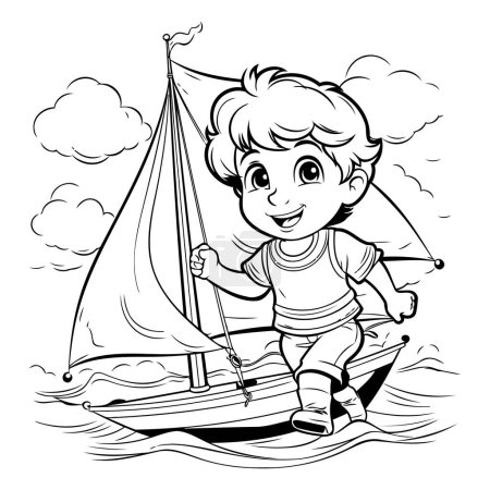 Téléchargez les illustrations : Petit garçon mignon naviguant sur un bateau Illustration de bande dessinée noir et blanc - en licence libre de droit