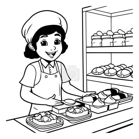 Téléchargez les illustrations : Mignonne petite fille cuisson du pain dans la boulangerie dessin animé vectoriel illustration conception graphique - en licence libre de droit