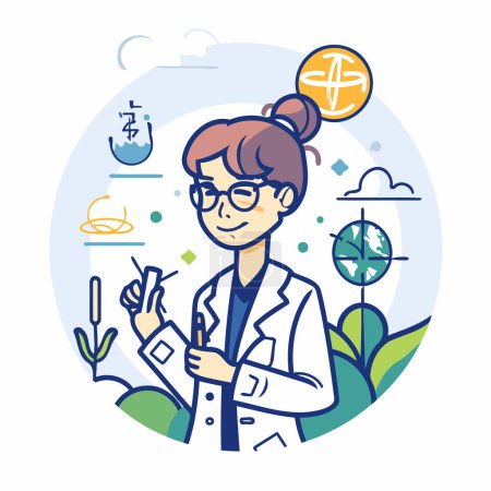 Téléchargez les illustrations : Illustration vectorielle d'une scientifique dans un manteau blanc et des lunettes. - en licence libre de droit