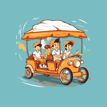 Ilustración de Tuk tuk. Ilustración vectorial de un grupo de personas montando un tuk. - Imagen libre de derechos