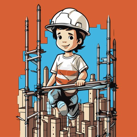 Illustration for Vector illustration of a boy in a construction helmet on a background of buildings. - Royalty Free Image