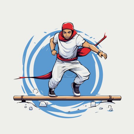 Téléchargez les illustrations : Super héros sportif courant avec une épée à la main. Illustration vectorielle. - en licence libre de droit