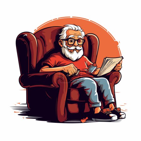 Téléchargez les illustrations : Vieil homme lisant un livre assis dans un fauteuil. Illustration vectorielle. - en licence libre de droit