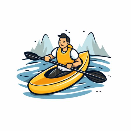 Illustration for Man in a kayak on the river. Vector illustration in cartoon style - Royalty Free Image