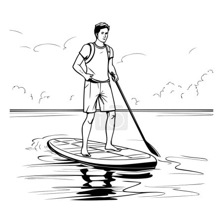 Illustration for Man on a stand up paddle board. Black and white vector illustration. - Royalty Free Image