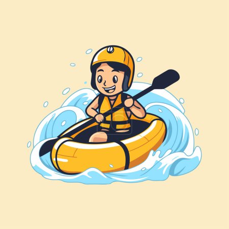 Illustration for Cartoon vector illustration of a boy in a kayak on the waves - Royalty Free Image