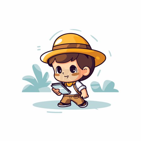 Illustration for Cute little boy in safari hat using smartphone. Vector illustration. - Royalty Free Image