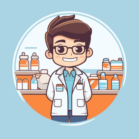 Illustration for Cute boy pharmacist character. Vector illustration in a flat style. - Royalty Free Image