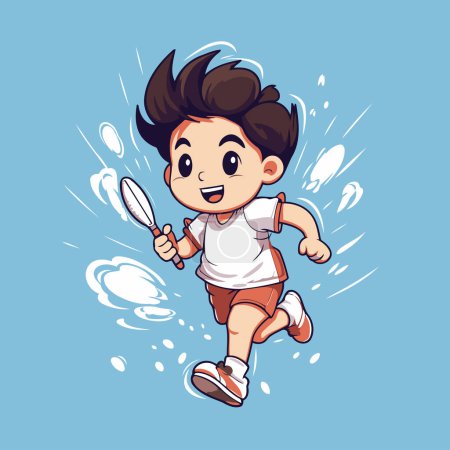 Téléchargez les illustrations : Dessin animé garçon jouant au badminton sur fond bleu. Illustration vectorielle. - en licence libre de droit