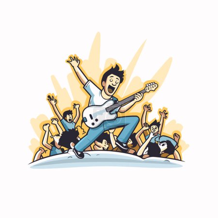 Illustration for Cartoon illustration of a rock star playing the guitar in the crowd. - Royalty Free Image