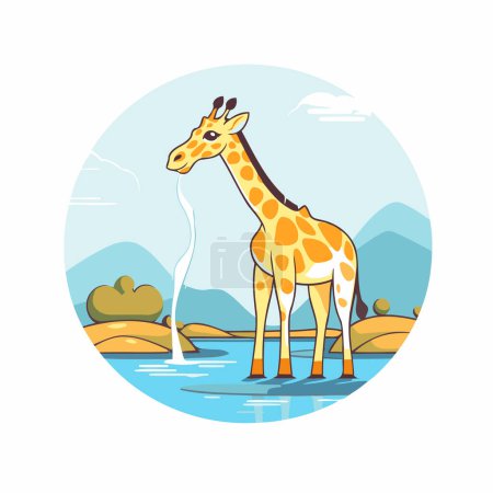 Téléchargez les illustrations : Girafe eau potable. Illustration vectorielle en style dessin animé plat. - en licence libre de droit