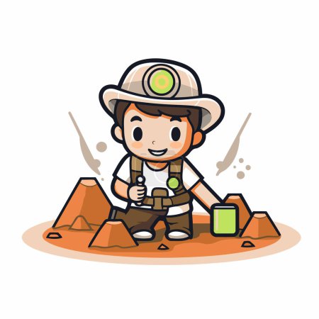 Illustration of a Kid Boy Playing with Miner Gear on the Sand