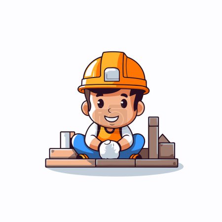 Illustration for Cute builder boy in helmet and overalls. Vector illustration. - Royalty Free Image