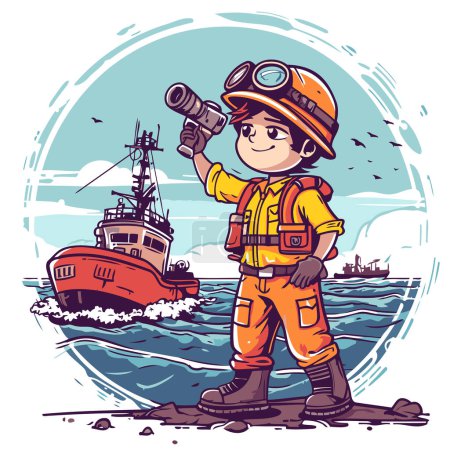 Illustration for Cartoon illustration of a boy with a camera and a ship. - Royalty Free Image