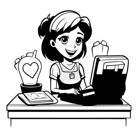 Téléchargez les illustrations : École fille au bureau avec ordinateur portable et livres dessin animé vectoriel illustration conception graphique - en licence libre de droit