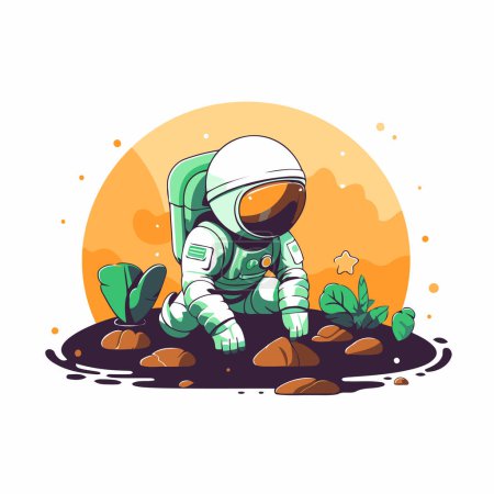 Téléchargez les illustrations : Un astronaute assis par terre. Illustration vectorielle en style plat - en licence libre de droit