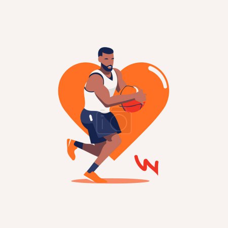 Téléchargez les illustrations : Joueur de basket avec balle dans le cœur. Illustration vectorielle en style plat - en licence libre de droit