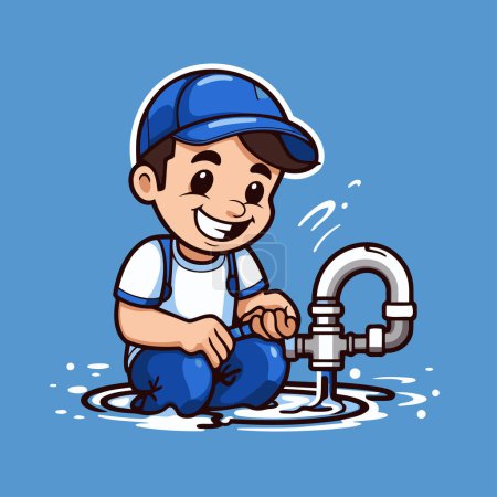 Téléchargez les illustrations : Plombier avec robinet d'eau. Illustration vectorielle d'un personnage de dessin animé. - en licence libre de droit