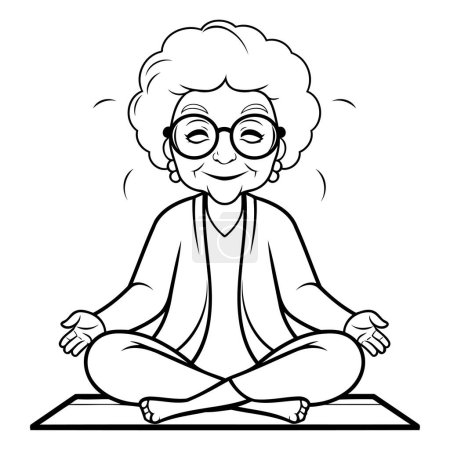 Illustration for Grandmother Meditating - Black and White Cartoon Illustration. Vector - Royalty Free Image
